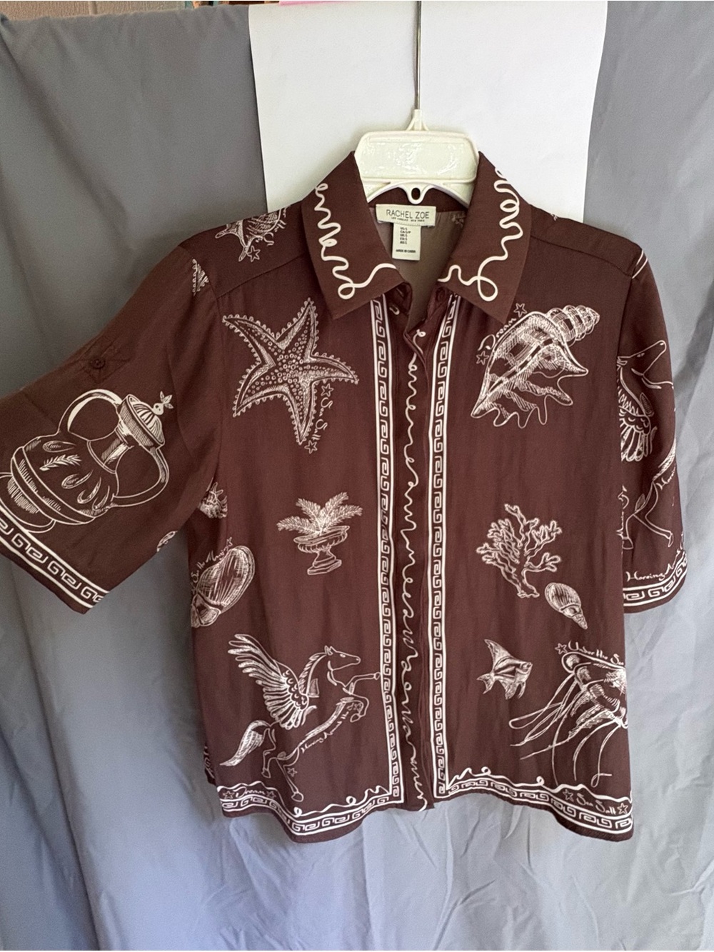 Rachel Zoe Greco-Roman Sea Brown Short-Sleeve Button-Up Shirt